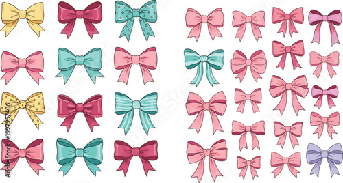 Cute Watercolor Pastel Ribbon Bow Collection Various Colors Decorative Gift Knot Vector Illustration Set