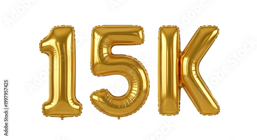 Golden '15k' balloon numbers isolated on transparent background