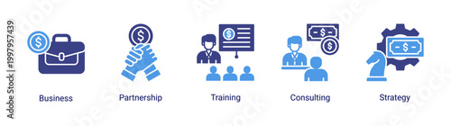 Business consulting icon set featuring partnership,training,consulting,and strategy icons.Ideal for corporate and professional services.