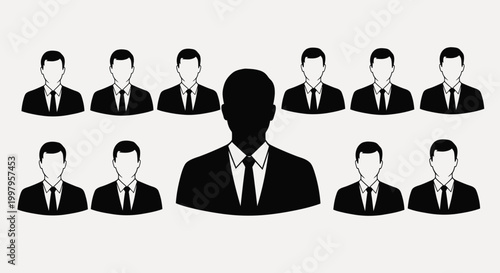 A grayscale illustration depicts a group of suited figures one prominently shadowed suggesting isolation