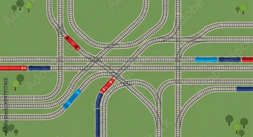 Complex train track junction with multiple trains moving.