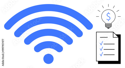 Wireless communication, finances, innovation, connectivity, technology, remote work. wireless symbol, a lightbulb with a dollar sign and a checklist. Wireless communication and finances concept