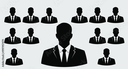 A collection of silhouetted business people in suits and ties arranged in a grid pattern