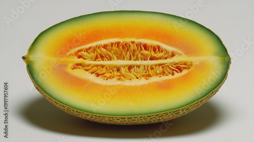 Detailed macro cross-section of a fresh Galia melon, showcasing vibrant orange-yellow flesh, green rind, and a central seed cavity with fibrous pulp against a neutral background.