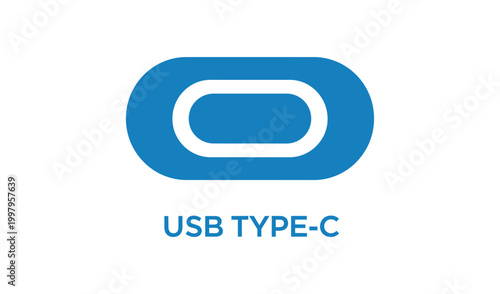 Flat design icon of a USB Type-C connector, modern digital technology symbol, minimalistic blue and white illustration for tech and electronics themes.
