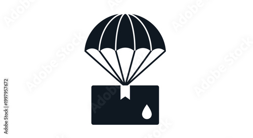 A minimalist black and white illustration depicts a package falling with a parachute attached above it
