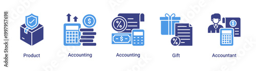 Finance service icon set featuring product,accounting,gift,and financial service icons.Suitable for business and corporate finance use.