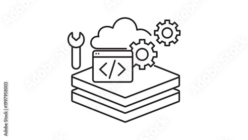 Platform as a Service PaaS Concept Vector Icon Illustration with Editable Stroke. Minimalist Line Art Representing Cloud Computing, Software Development, Infrastructure, and Coding Tools.