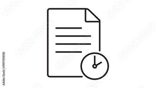 Document Log and Time Management Minimalist Black Line Vector Icon on White Background Representing a File Page with a Clock Symbol for History and Deadlines with Editable Stroke.