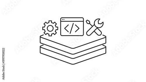 Platform as a Service PaaS Editable Stroke Vector Icon. Minimalist line illustration of layered cloud infrastructure with coding browser, gear, and tools for software development and hosting.