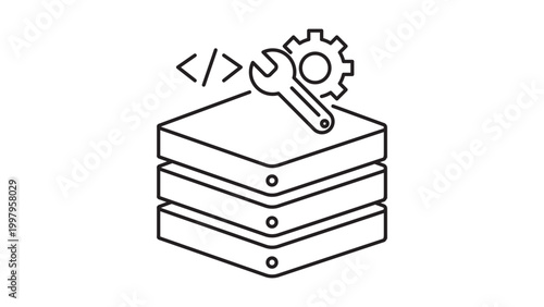 PaaS Offering Editable Stroke Vector Icon. Minimalist black line illustration on white background representing a layered platform with code, wrench, and gear symbols for cloud computing and DevOps.
