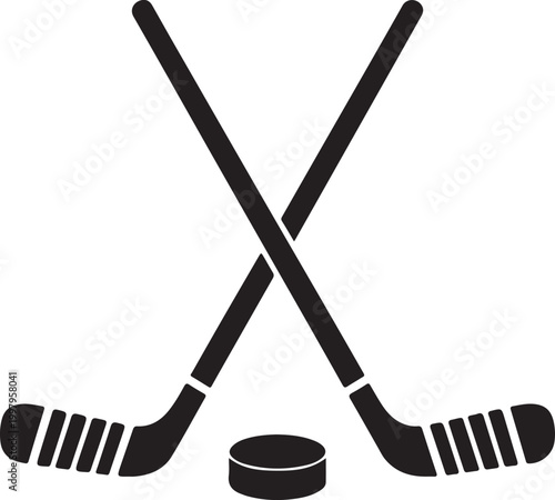 A vector illustration of two crossed hockey sticks and a puck