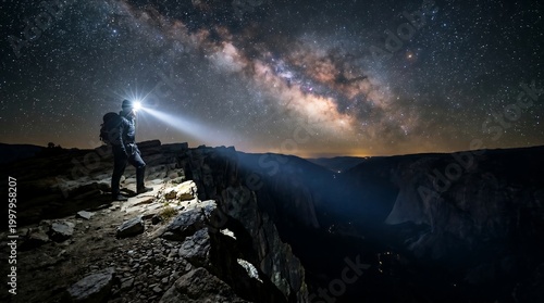 Man standing on cliff edge shines flashlight under starry night sky with Milky Way