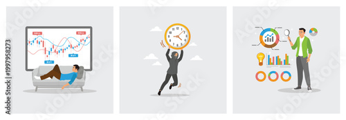 Investors Sleep in Front of Computer. Burglar Lifts A Clock. Man Analyzes Marketing Report Data.