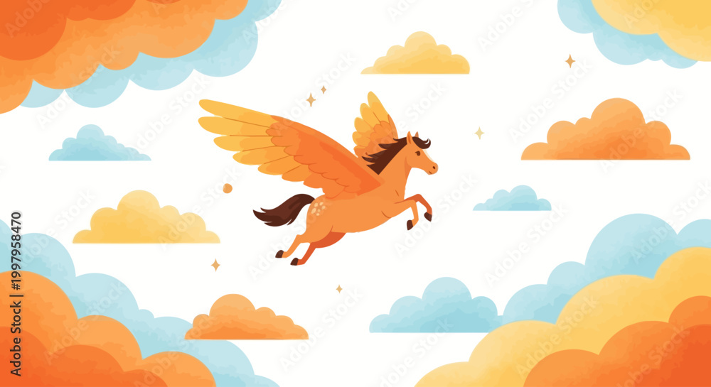 Fototapeta premium Illustration of a whimsical flying pegasus soaring through colorful clouds in a magical sky.