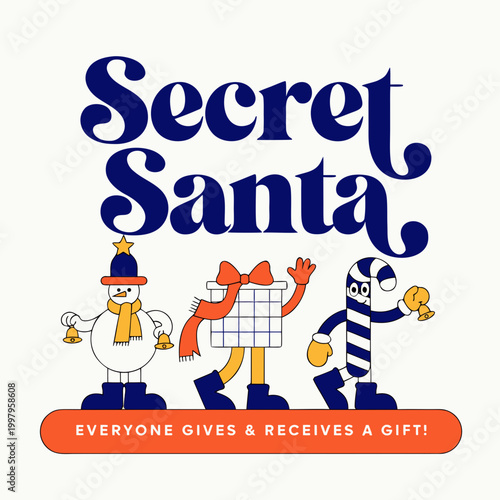Secret Santa holiday typography with festive characters on white background