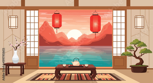 A serene japanese room features a stunning landscape painting traditional lanterns and a peaceful tea setting