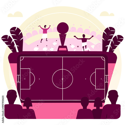 Soccer stadium celebration scene with trophy in flat pink style