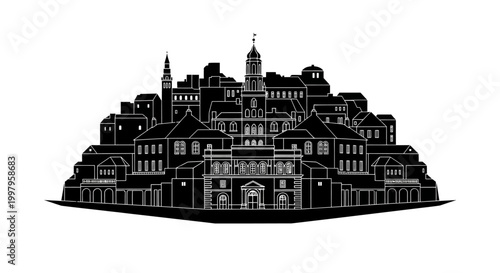 Black and white silhouette of a historic town skyline