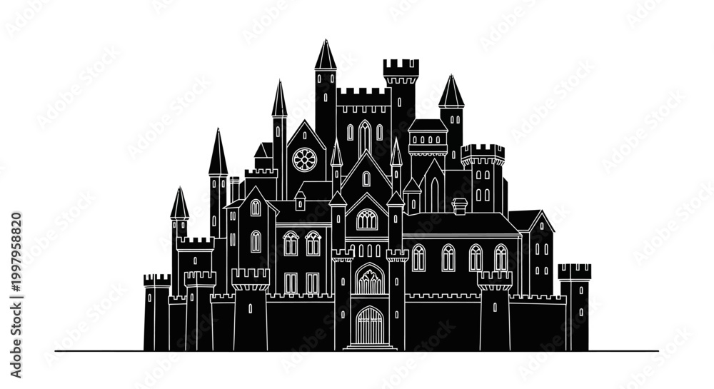 Fototapeta premium Black and white silhouette of a majestic medieval castle
