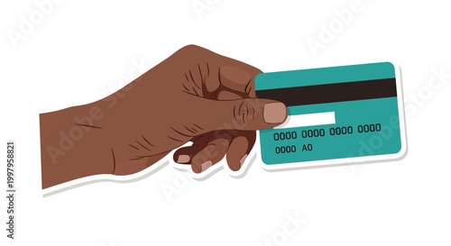A hand holding a teal credit card with visible card number and magnetic stripe details