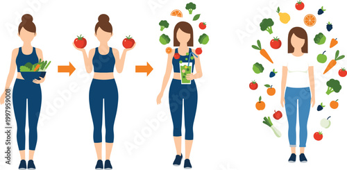 Flat Style Woman Healthy Eating Lifestyle Fruits Vegetables Diet Nutrition Fitness Wellness Concept Vector Illustration Set
