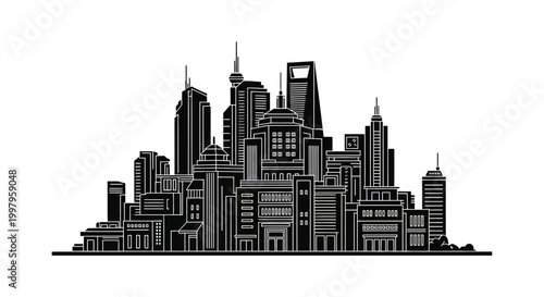 Black and white skyline silhouette of a modern city metropolis