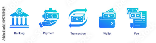 Banking icon set featuring payment,transaction,wallet,and fee icons.Suitable for fintech apps and digital financial services.