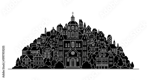 Black and white village silhouette with church ? architectural icon