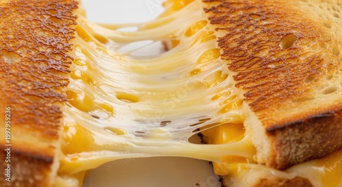 Close Up Of Toasted Sandwich With Melting Yellow Cheese Being Pulled Apart Showing Long Delicious Gooey Cheese Strings