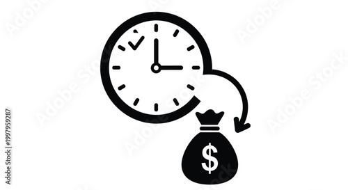 Time is money concept vector graphic illustrating the direct conversion of clock time into financial assets.