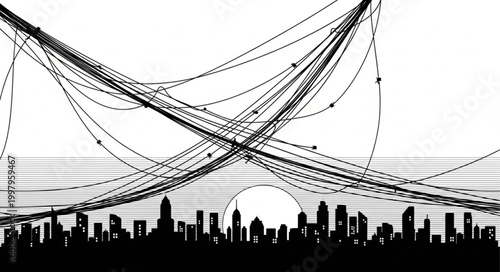Abstract network of wires over city skyline at sunset.