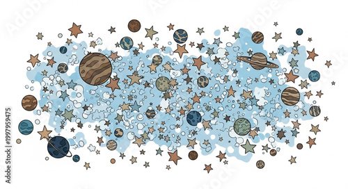 Abstract pattern of celestial bodies and stars.