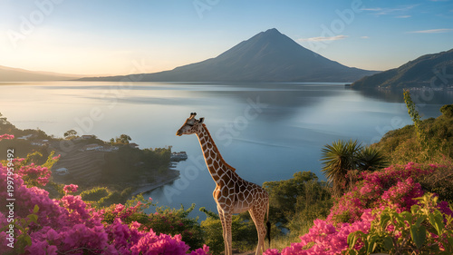 Beautiful bay of Lake Atitlan with a view of Volcano San Pedro in the highlands of Guatemala, Central America. A giraffe is standing between the pink flowers. 