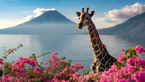 Beautiful bay of Lake Atitlan with a view of Volcano San Pedro in the highlands of Guatemala, Central America. A giraffe is standing on the beach.