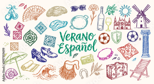 Scribble doodle Hand drawn colorful Spanish summer travel icon set. Flamenco shoes, fan, guitar, paella pan, windmill, football. For Mediterranean holiday brochure flyer. Vector graphic art.