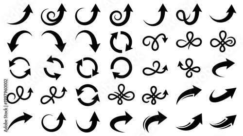 Collection of black arrow silhouettes and circular arrows on a white background