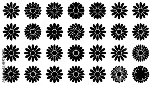 Diverse floral silhouette collection featuring various flower icons and decorative blossom shapes for graphic design