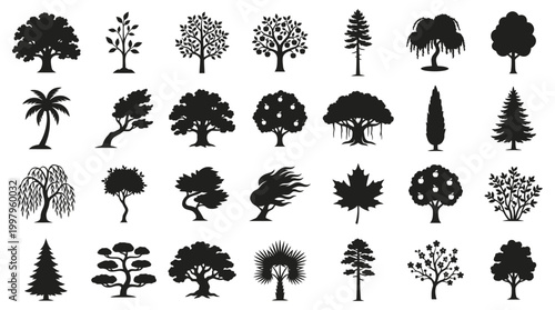 Collection of various tree silhouettes in black and white against a plain background, symbolizing nature and growth