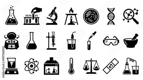 Extensive silhouette collection of essential laboratory equipment and scientific research tools for chemistry and biology