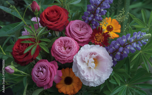 Spectacular display of mixed floral species accompanied by lush leaves. A gorgeous wallpaper. A bunch of flowers.