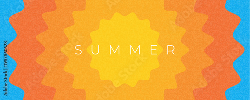 Abstract minimal summer horizontal poster, cover, banner, card with bright sun in the blue sky and modern typography. Summer holidays, journey, vacation travel illustration. Promo ads design template