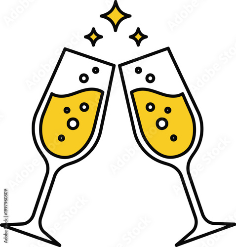 Two champagne glasses clinking together in celebration
