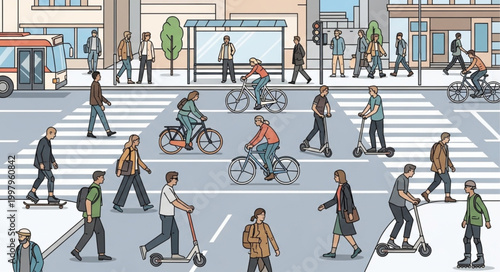 Diverse group of people using various modes of transportation in a city crosswalk.