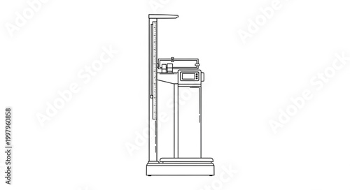 Line art illustration of a professional medical weighing scale with integrated stadiometer for precise height and weight measurement in healthcare settings, designed for clinics and health monitoring