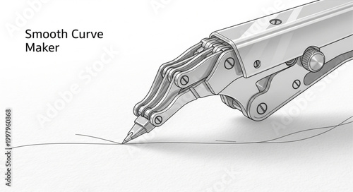 Advanced mechanical drawing instrument meticulously creating elegant, flowing curves with precision and automation on a pristine white surface, highlighting innovative design and intricate mechanics