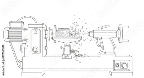 Outline vector graphic of a wood lathe machine in action, meticulously carving and forming a block of wood with ejected shavings illustrating the process