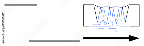 Engineering principles, physics education, fluid simulation, flow dynamics, mechanics, environmental studies. Diagram showing water flow over a hydraulic structure. Engineering principles and physics