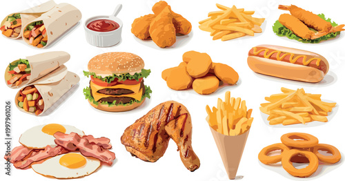 Set of Hand-Drawn Fast Food Items Including Burgers, Fries, Chicken, Wraps, and Breakfast for Culinary and Snack Content