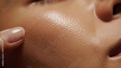 Close-up of a woman's face with finger touching